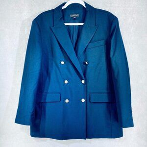 Ann Taylor Jacket Womens 12 Blue Stretch Double Breasted Gold Buttons Academia